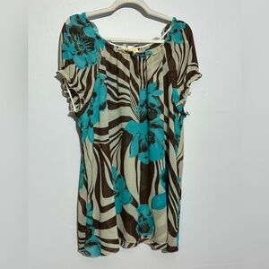 MG Women Women’s 2X Sheer Short Sleeve Floral Blouse Brown Teal